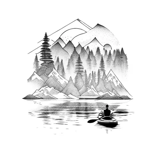 A Serene Landscape Of A Kayaker Paddling Through A Calm River With Mountains In The Background