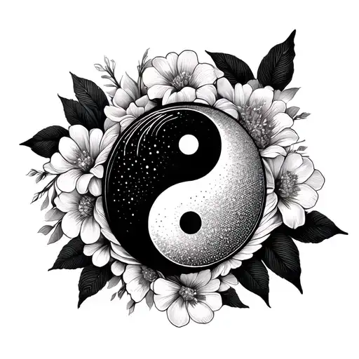Ying Yang Abstrakt Symbol Surrounded By Flowers