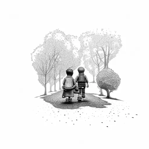 An Old Brick Town With Two Children Holding Hands On The Stone Path