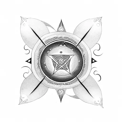 A Dotwork Tattoo Featuring A Crescent Moon Surrounded By Witchcraft Symbols