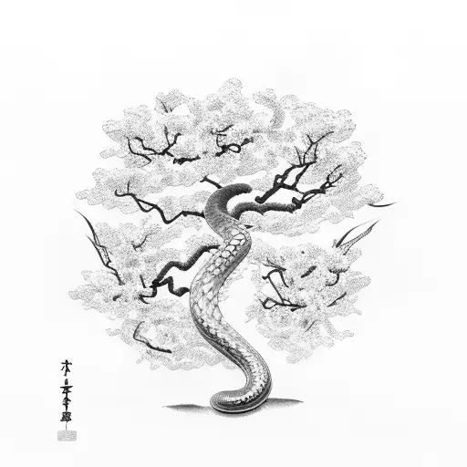 A Snake Coiled Around A Sakura Tree Branch In Dotwork Style