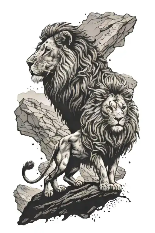 A Tattoo Design Of A Majestic Lion Walking Alongside A Person Exploring A Cave In Mallorca
