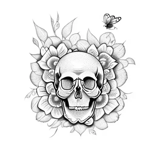 Skull With Flowers And Butterflies