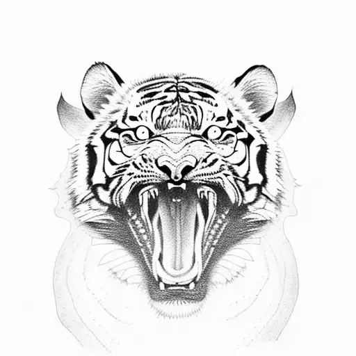 Tiger With Open Mouth And A Baby Tiger Inside Of The Mouth