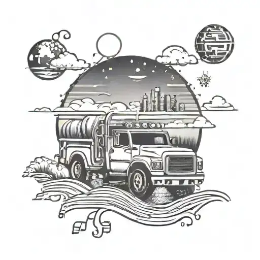 A Dotwork Tattoo Of A Truck With A Sunset Background And Musical Notes Floating Around It