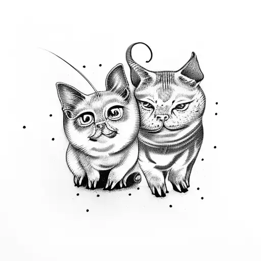 Pig And Cat Hugging With A Bee