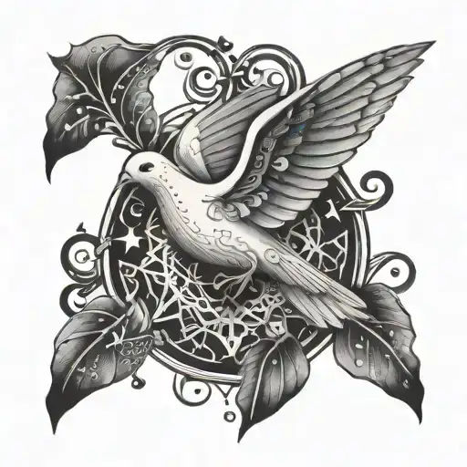 Gaming-inspired Tattoo Of A Dove Intertwined With Mystical Symbols In Dotwork Style