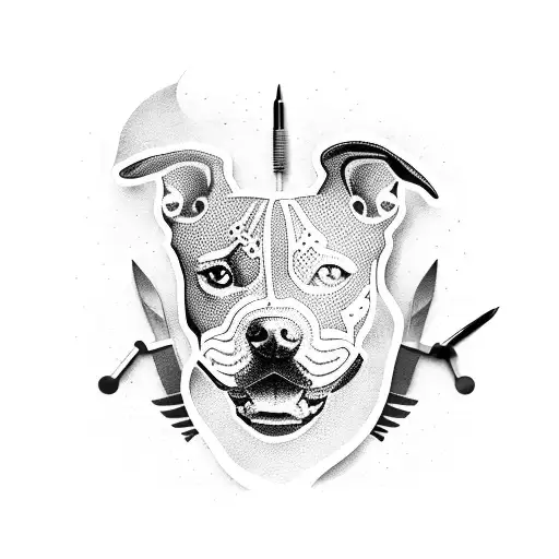 A Dotwork Tattoo Of A Staffordshire Bull Terrier With Various Work Tools