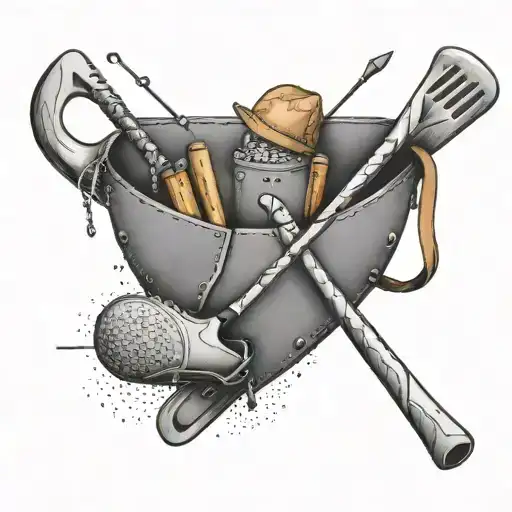 An Electrician's Tool Belt With Golf Clubs And Hockey Sticks Intertwined