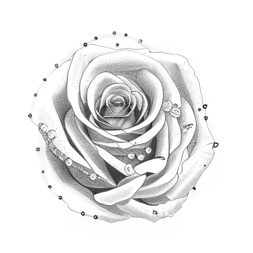 A Dotwork Tattoo Of A Delicate Rosary Wrapped Around A Rose