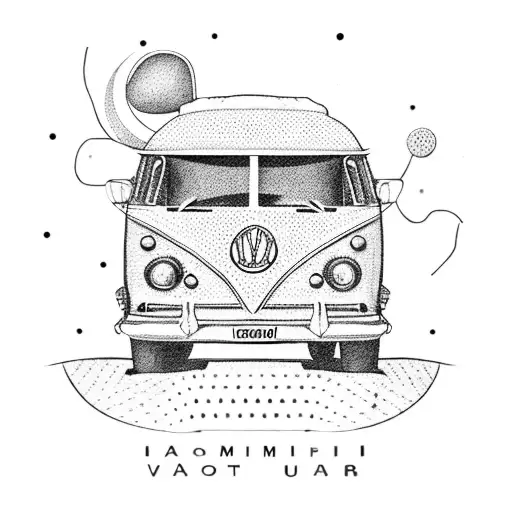 A Dotwork Tattoo Of A Campervan With A Guitar As The Roof And Musical Notes As The Wheels