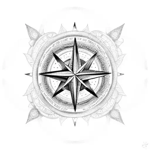 An Intricate Dotwork Tattoo Of A Compass Rose With Musical Notes Incorporated In The Design