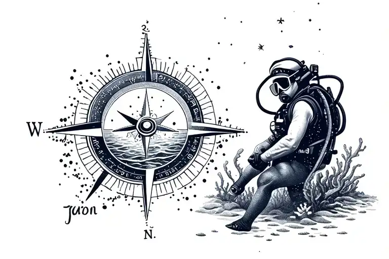 Scuba Diver In A Circle Representing The Compass With An Ocean In The Center