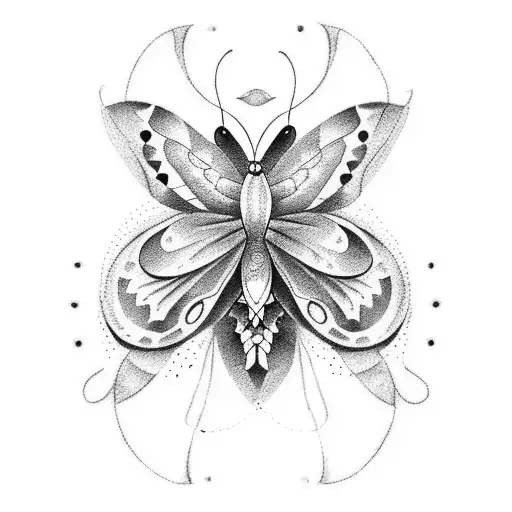 A Dotwork Tattoo Featuring A Graceful Butterfly With A Hidden Scorpio Zodiac Symbol