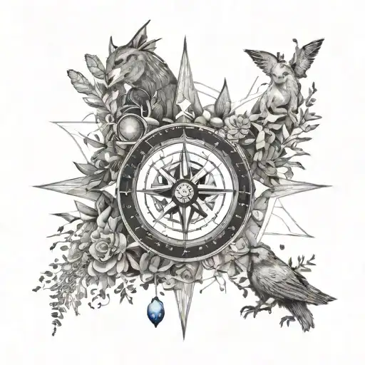 A Detailed Compass Rose Surrounded By Various Animals And Plants From Different Countries