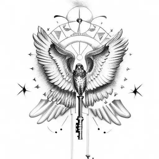 American Hawk With Spread Wings Holding A Key Surrounded By Celestial Elements