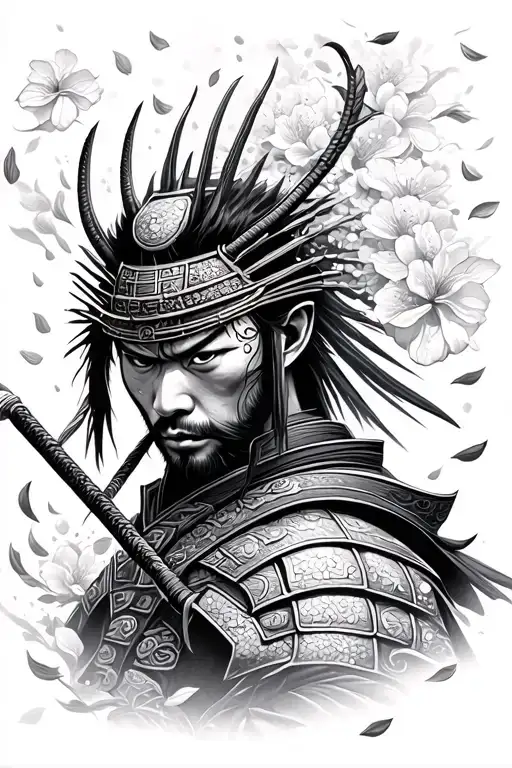 Samurai Oni Warrior And Sakura Petals Floating