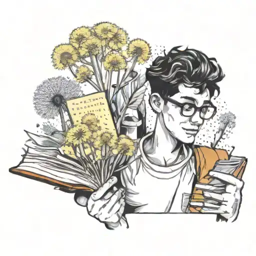 A Dotwork Tattoo Of A High Schooler Holding A Sketchbook Filled With Yellow Dandelion Drawings
