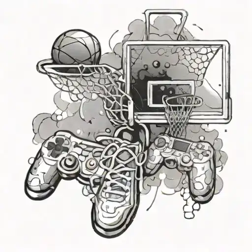 A Tattoo Of A Basketball Hoop Surrounded By Smoke And Gaming Controllers