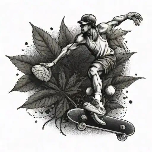 A Tattoo Of A Basketball Player Grinding On A Weed Leaf Skateboard
