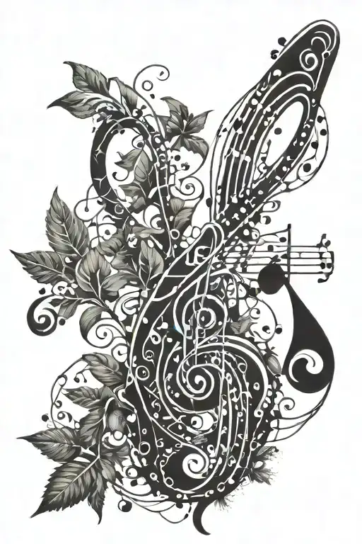 An Abstract Design Incorporating Musical Notes And Plant Elements