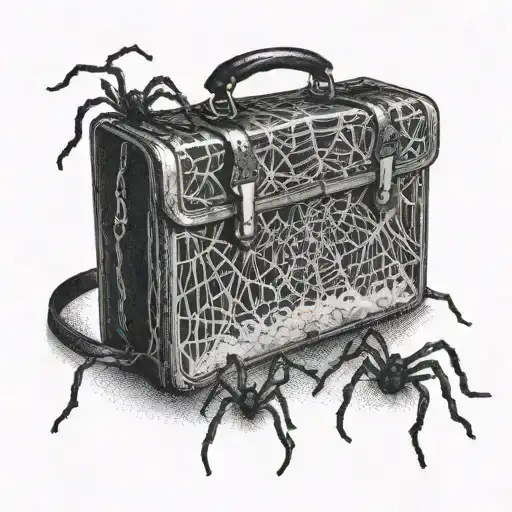 A Briefcase Covered In Spider Webs And Spiders Crawling Out Of It