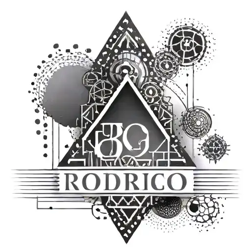 An Abstract Geometric Tattoo Incorporating The Name Rodrigo In A Unique And Eye-catching Way