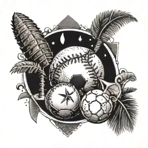A Football And Baseball Intertwined With Beach Elements Like Palm Trees And Seashells