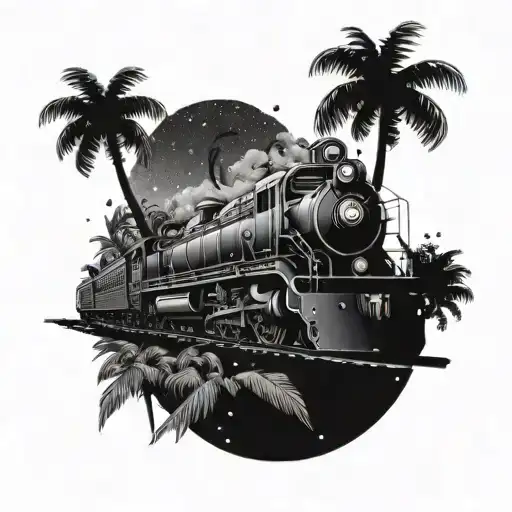 A Locomotive Engine Flying Through A Tropical Paradise In Space