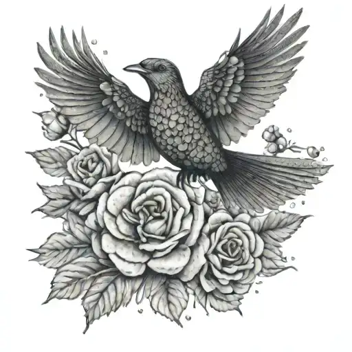 A Dotwork Design Of A Bird Flying Over A Field Of Roses And Hydrangeas