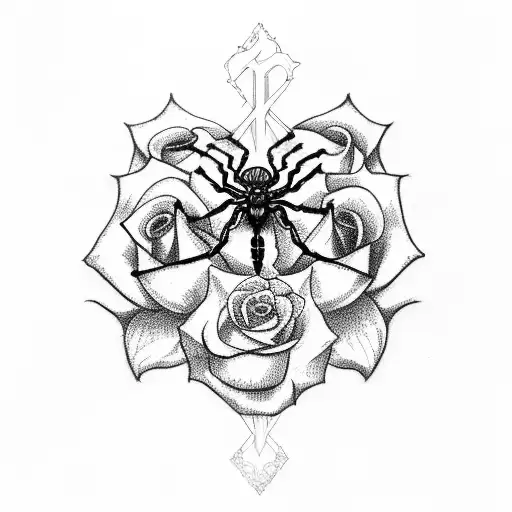 Cross And Small Rose And Spider