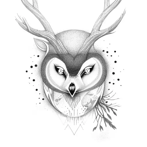 Dark Forest With Moon Deer And Owl