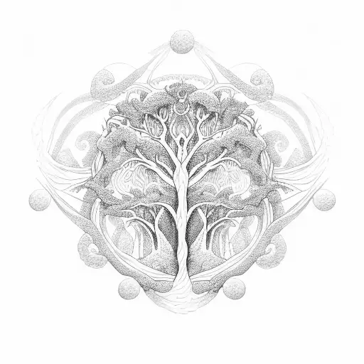 An Intricate Dotwork Pattern Of A Family Tree With Waves Intertwined In The Branches