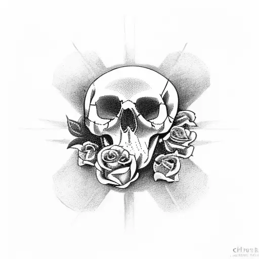 Christian Cross With A Dead Skull And Roses