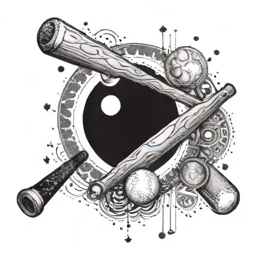 A Baseball Bat And Ball Surrounded By Moon Phases In A Dotwork Design
