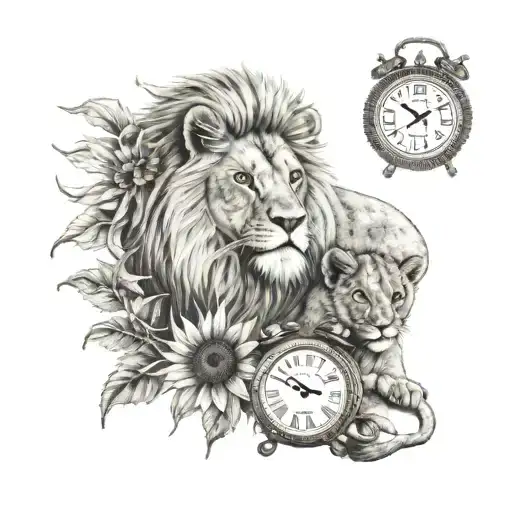 Mama And Baby Lion With A Clock And Sunflowers