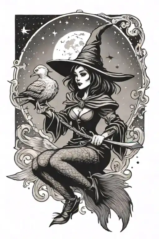 Sexy Witch On A Broom Holding A Duck With Moon Behind