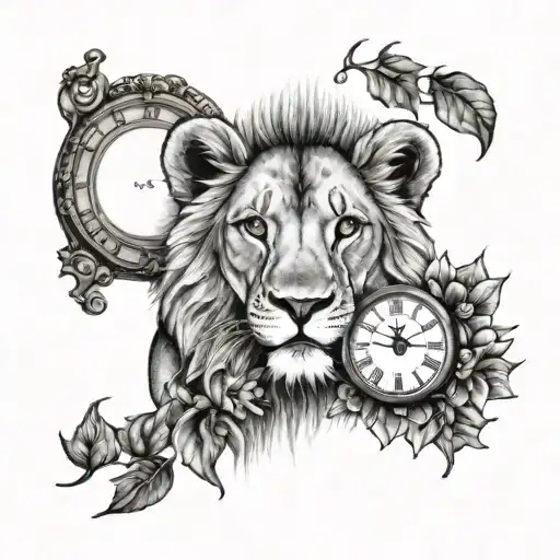 Small Tattoomama And Baby Lion With A Clock And Sunflowers