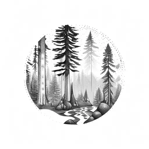 Mountain Trail With Redwood Trees And Water Flowing Completing A Circle