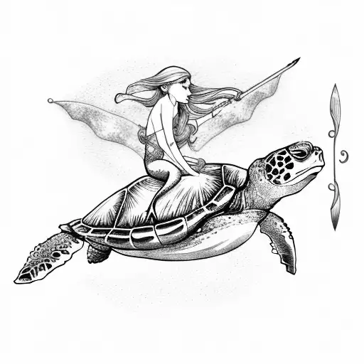 Mermaid Riding A Sea Turtle With A Trident Pointing Up