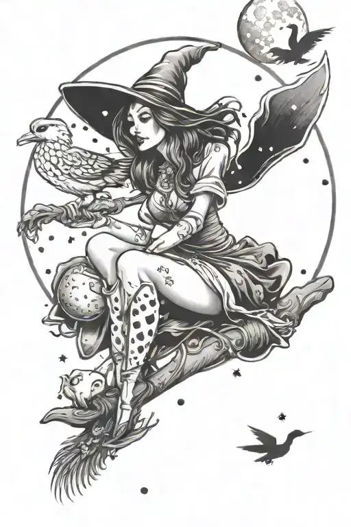 Sexy Witch On A Broom Holding A Duck With Moon Behind