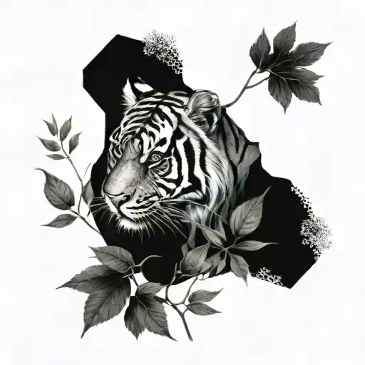 A Tattoo Of A Tiger Surrounded By Lush Plant Life Inspired By Landscape Architecture