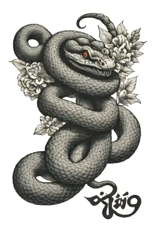 Snake On Flowers With Japanese Writing