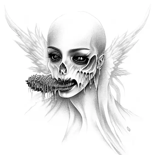 A Dark Angel Feasting On Human Flesh With Blood Dripping From Its Mouth