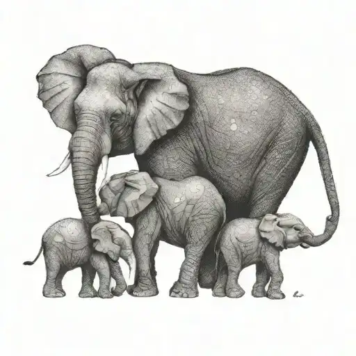 Mama Elephant And Three Children One Girl Two Boys