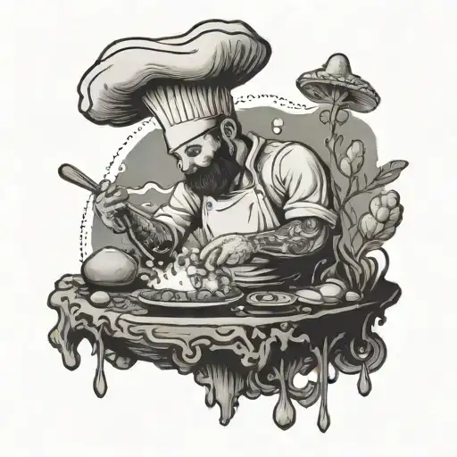 A Chef Cooking Up A Storm On A Magical Mushroom Island While Tripping On Music Notes