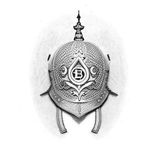 A Dotwork Tattoo Of A French Military Helmet Adorned With Intricate Fleur De Lys Patterns