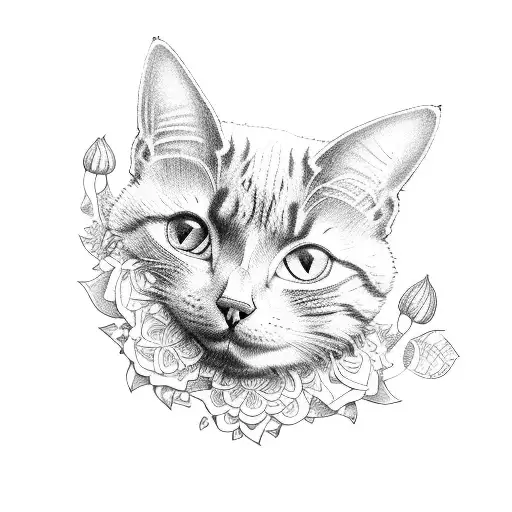 A Dotwork Tattoo Of A Cat Artist Sketching A Flower Garden