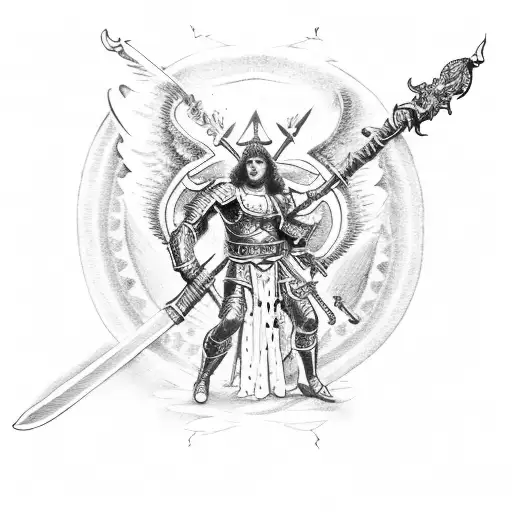 Saint Michael With Flaming Sword Fighting Satan