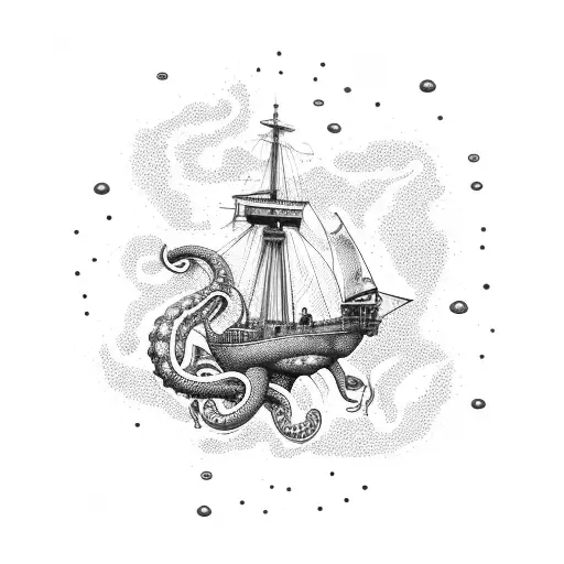 Navy Ship With A Giant Squid In Water